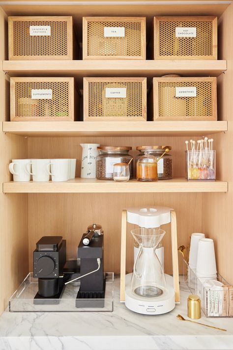 Sophisticated Living in Historic Southport: Organizing The Pantry, Coffee Bar and More — House of PRIM Office Snack Bar, Pantry Coffee Bar, Coffee Pantry, Vinyl Pantry Labels, Office Coffee Station, Baking Station, Office Snacks, Organizational Ideas, Coffee Storage