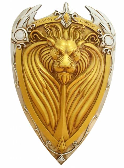 WoW gold-colored shield Shield Design Concept, Wolf Shield, Lion Shield, Warrior Shield, Shield Tattoo, Gold Shield, Happy Birthday Wishes Photos, D D Items, Dnd Items