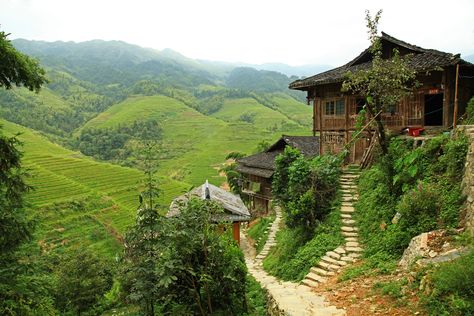 dazhai-village-longji-rice-terraces-china Mountain Villages, Rural Village, Ramen Shop, Rice Terraces, Traditional Houses, Landscape Concept, Vernacular Architecture, Mountain Village, Fantasy City