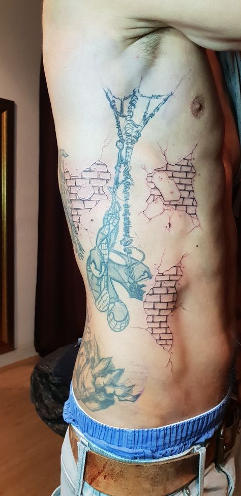 Sleeve Blending Tattoo, Brick Wall Tattoo Ideas, Brick Wall Tattoo Design, Brick By Brick Tattoo, Brick Tattoo Design, Bricklayer Tattoo, Brick Tattoo For Men, Brick Wall Tattoo, Brick Tattoo