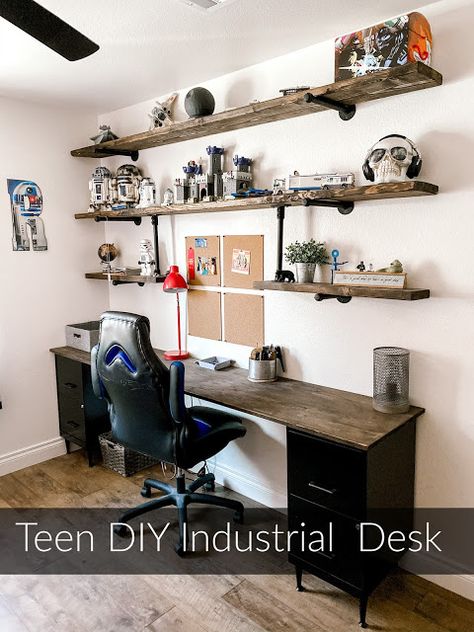 Teen DIY Industrial Desk Diy Industrial Desk With Shelves, Shelving In Boys Bedroom, Lego Display Ideas Office, Shelves Over Desk Ideas, Desk In Boys Bedroom, Industrial Shelves Bedroom, Industrial Grey Bedroom, Shelves For Boys Bedroom, Diy Industrial Desk