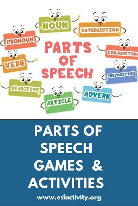 ESL parts of speech activities, games worksheets and lesson plans. Help students master the various English parts of speech with these fun, engaging and student-centred activities. English Parts Of Speech, Nouns Lesson Plan, Subject Verb Agreement Activities, Esl Vocabulary Activities, English Grammar Games, Parts Of Speech Games, English Grammar Quiz, Adjectives Activities, Teaching English Language Learners