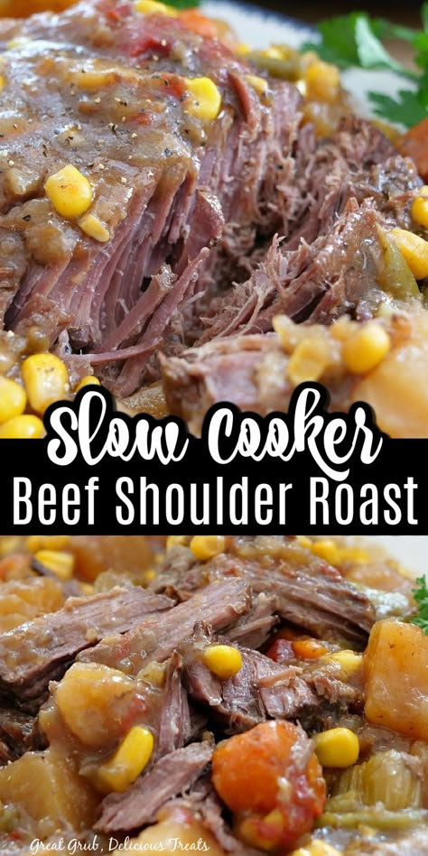 Double collage pin of a close up of slow cooker beef shoulder roast with vegetables. Shoulder Steak Recipes, Beef Shoulder Roast, Beef Shoulder, Crockpot Roast Recipes, Pot Roast Crock Pot Recipes, Slow Cooker Roast Beef, Crock Pot Beef, Delicious Slow Cooker Recipes, Shoulder Roast