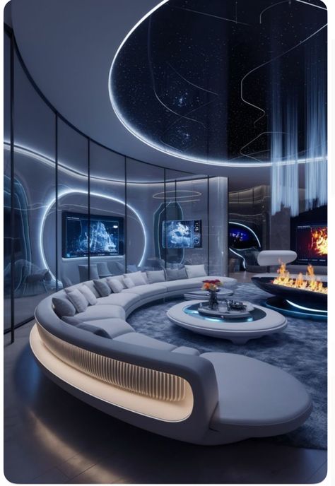 Futuristic Home Design Interiors, Futuristic Mansion Interior, Futuristic Interior Design Living Rooms, Futuristic Fireplace, Modern Futuristic House Interior, Cyberpunk House Interior, Ultra Modern Living Room, Modern Futuristic Interior, Modern Futuristic House