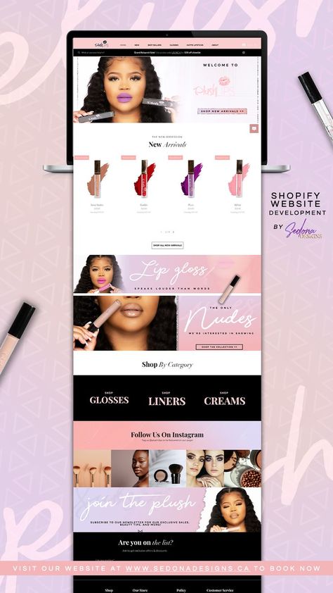 Shopify website development for Plush Lips including website banners, page layouts, navigational structure and product mockups. Cosmetic Website Banner, Lipgloss Website Design, Lipliner Photography, Cosmetic Website Design, Cosmetics Website Design, Cosmetic Website, Ecommerce Design Inspiration, Cute Websites, Makeup Website