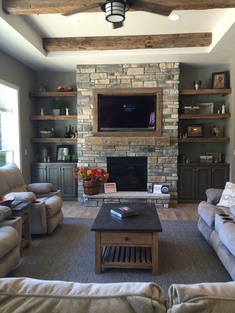 Rustic Farmhouse Fireplace With Tv, Fireplace With Black Built Ins, Stone Electric Fireplace Ideas, Fireplaces With Bookcases On Each Side, Small Living Room Fireplace, Stone Fireplace With Built Ins, Brick Wall Fireplace, Black Hearth, Tv Wall Ideas