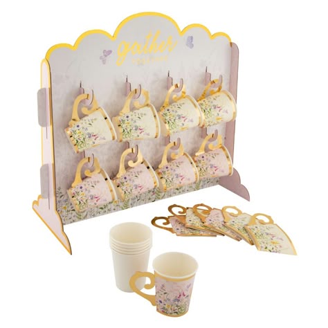 Everyone gather up, it's time to partea and celebrate with these cute little teacups! Featuring a floral and butterfly design with beautiful gold accents, this teacup stand is a must-have party supply for tea party-themed birthday parties and events. Place it on your food and drink table as a practical and adorable decoration! Includes one cardboard stand, eight paper cups and eight paper cup sleeves. (17 pcs. per set) Stand, 19" x 17"; cups, 9 oz. Simple assembly required. Partea Birthday Party, Tea Party Birthday Kids, Bee Tea Party, Cardboard Stand, Paper Tea Cups, Tea Party Supplies, Kids Tea Party, Onederland Birthday Party, Events Place