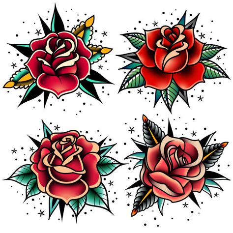 3,100+ Traditional Rose Tattoo Stock Photos, Pictures & Royalty-Free Images - iStock Old School Tattoo Rose, American Traditional Rose, Old School Rose, Traditional Tattoo Flowers, Art Flash, Kunst Tattoos, Tattoo Old School, Red Rose Tattoo, Traditional Roses