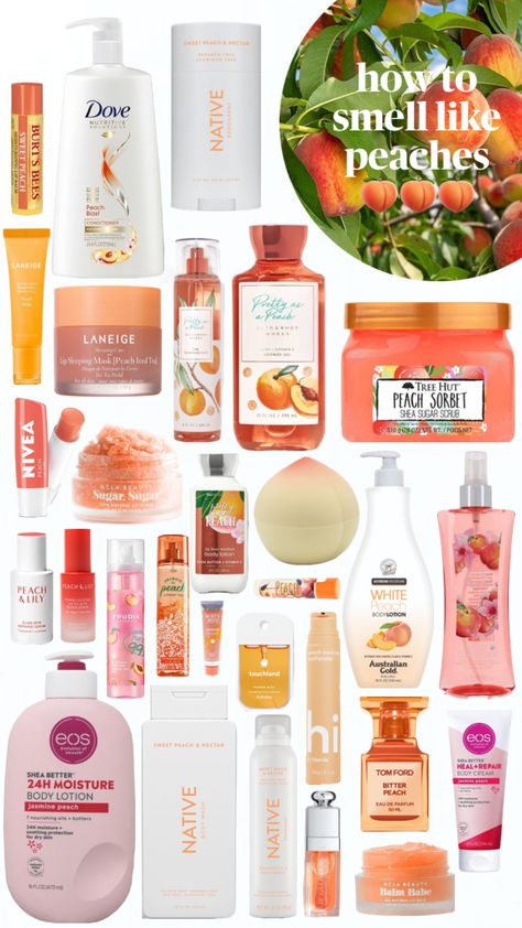 🧡🧡 || #scent #perfume #peach #beauty #outfitinspo #mutuals #bathandbodyworks #flourencebymills #mariobadesco #dove #native Shower Body Care, Peachy Clean, Body Suncare, How To Smell Good, Scent Perfume, Skin Care Routine Order, To Smell Good, Fruit Scent, Shower Skin Care