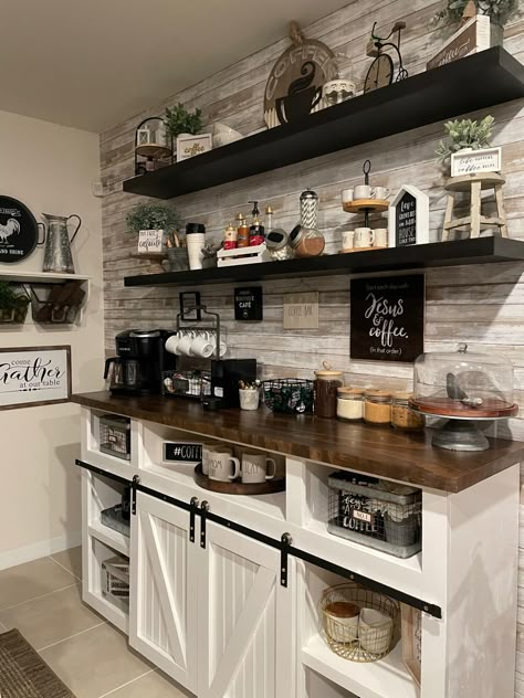 Kitchen Server Decor Buffet, Coffee Bar Ideas Station Small Farmhouse, Farm Coffee Bar, Large Coffee Bar In Kitchen, Coffee Bar Design Farmhouse, Large Coffee Bar Ideas, New House Decorating Ideas Living Room, Coffee Bar Ideas Kitchen Cabinets, Coffee Buffet Station