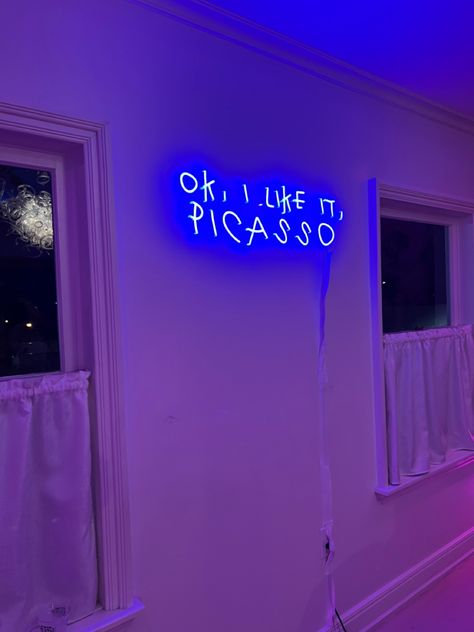 Neon Sign Ideas Bedroom, I Like It Picasso, Dark Neon Apartment Aesthetic, Light Blue Neon Sign, Blue Neon Sign Aesthetic, Blue Neon Lights Quotes, Purple Led Lights, Purple Aesthetic Neon Signs, Neon Bedroom