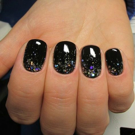 Black Nail Designs With Glitter Short, Ideas For Black Nails, Black And Foil Nail Designs, Black Tip Nails Glitter, Dip Nails Dark Colors, Dip Powder Nails Black And Silver, Glittery Black Nail Designs, Short Black Wedding Nails, Pretty New Years Nails