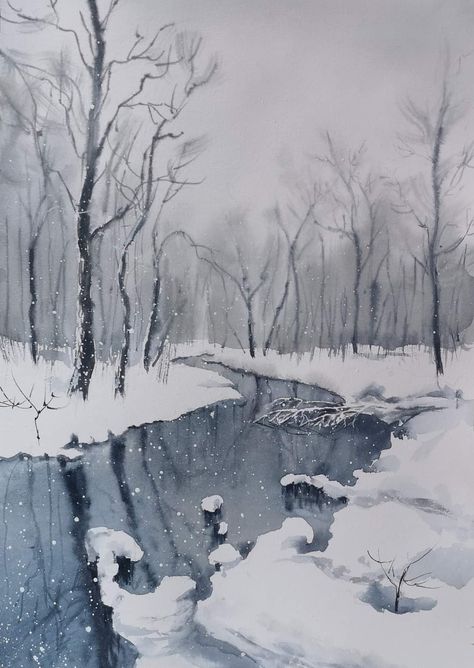 Watercolor Snow Scenes, Watercolor Landscape Tutorial, Snow Sunset, Watercolor Snow, Landscape Snow, Watercolor Art Landscape, Watercolor Paintings Nature, Map Ideas, Winter Landscape Painting