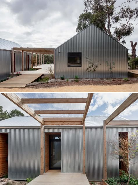 Tin House Exterior Metal Siding, Black And Wood Accents, Corrugated Metal Siding, Corrugated Metal Roof, Australian House, Corrugated Iron, Plywood Interior, Tin House, A Modern House