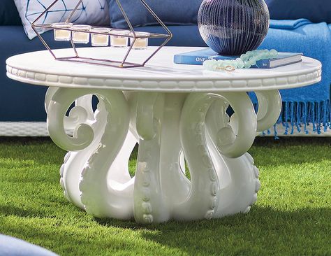 A stunning round outdoor table with a pedestal base sculpted to resemble the eight curling arms of an octopus. Coffee Table Unique, Round Outdoor Table, Octopus Decor, White Coffee Table, Octopus Design, Octopus Tentacles, Octopus Art, Beachy Decor, Grandin Road