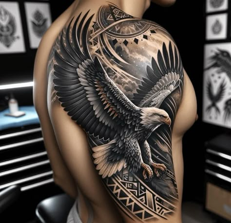 Eagle Leg Tattoo Men, Eagle Tattoos Men, Shoulder Tattoo Cover Up, Eagle Back Tattoo Men, Cool Eagle Tattoo, Eagle Sleeve Tattoo Men, Eagle Tattoo Ideas For Men, Half Arm Tattoo Men, Eagle Leg Tattoo