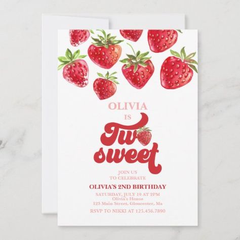 Strawberry Two Sweet 2Nd Birthday Invitation #zazzle #weddinginvitations #birthdayinvitations #babyshowerinvitations #zazzleinvitations #monogram #businesscards #graduation #homedecor Two Sweet 2nd Birthday, Berry Sweet Birthday, Watercolor Strawberries, Pink Red Flowers, 98th Birthday, 2nd Birthday Party For Girl, Second Birthday Ideas, 2nd Birthday Party Themes, 2nd Birthday Invitations