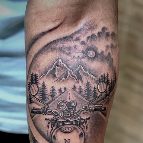 Inkblot Tattoos on Instagram: "Four wheels move the body two wheels move the soul ... recently did this biker travelling 🧭 🏍 tattoo @inkblottattooz  Dm for appointments: 9620339442  #tattoo #tattooideas #tattoos #tattooartist #tattoosleeve #tattooed #tattoolifestyle #tattooworld #biker #ride #travellertattoo #compass #wanderlust #sleevetattoo #makeovertattoo  thanks @ajeesh_kh bro for trust n patience" Small Motorcycle Tattoo For Women, Motorcycle Travel Tattoo Ideas, Motorcycle Tattoos Memorial, Motorcycle Related Tattoos, Feminine Motorcycle Tattoo, Compass Motorcycle Tattoo, Motorcycle Theme Tattoo, Motorcycle Tattoo, Indian Motorcycle Tattoo