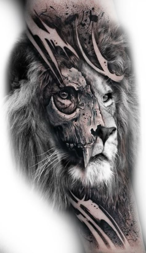 Black And Gray Animal Tattoo, Fierce Lion Tattoo Men, Realism Lion Tattoo, Lion Black And White Tattoo, Black And Gray Tiger Tattoo, Lion Stencil, Science Tattoos, Tier Tattoo, Skull Sleeve