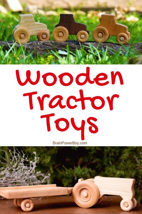 These handmade wooden tractor toys are a must see. Great for open-ended play they will be used for years and years. If you like natural wood toys, you will love these tractors. They are just wonderful! Hand Made Toys For Boys, Wooden Toy Patterns Free, Wooden Toy Tractor, Wooden Toys Plans Free Download, Diy Wooden Toys, Diy Wooden Toys Plans, Wooden Tractor, Wood Toys Diy, Woodworking Plans Toys