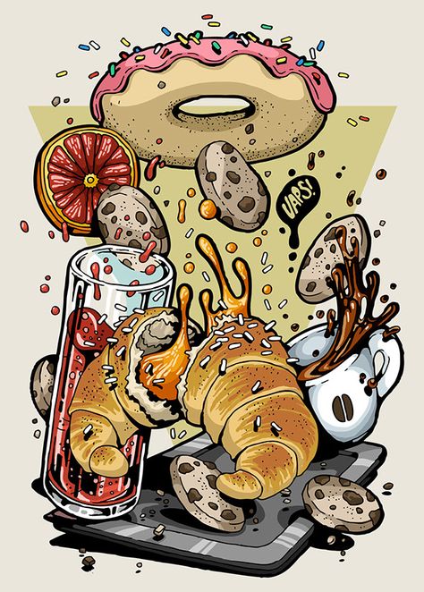 Mess Illustration, Food Graffiti, Tattoo Food, Food Tattoo, Illustration Art Nouveau, Food Illustration Art, Coffee Illustration, Japon Illustration, Digital Art Illustration