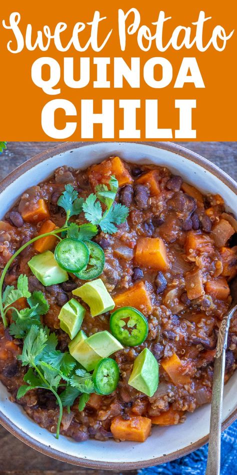 This Sweet Potato and Quinoa Chili is healthy, hearty and filling! It's cozy and delicious and the perfect meal for a cold winter day. It's great for lunch or dinner and can be used for meal prep and is freezer friendly. Vegan and gluten free and packed with protein! #chili #sweetpotato #sweetpotatochili #quinoa #vegan Quinoa Chilli Vegan, Vegan Chili With Sweet Potatoes, Sweet Potato Quinoa Soup, Sweet Potato Quinoa Chili, Vegetarian Sweet Potato Chili, Protein Chili, Quinoa Chilli, Vegan Quinoa Chili, Sweet Potato And Quinoa