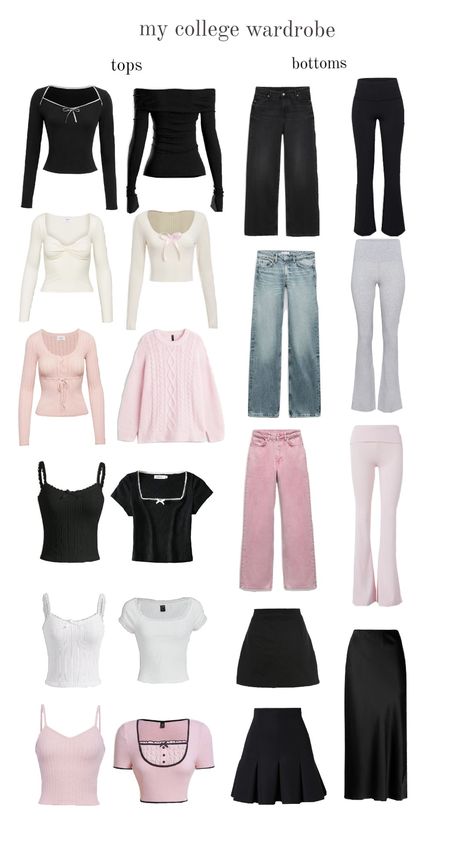 #college #essentials #wardrobe #aesthetic #original #pink #black #white Community College Essentials, Outfit Planning App, Uni Wardrobe, Pink Capsule Wardrobe, College Wardrobe Essentials, College Packing List, Closet Necessities, Essentials Wardrobe, Wardrobe Aesthetic