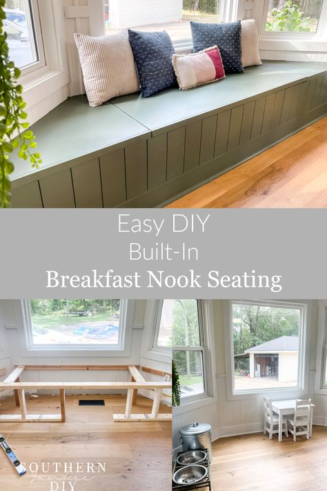 Kitchen Nook Bench With Storage, Window Bench Seat Depth, Kitchen Bay Window Storage Ideas, Diy Bench Seat With Storage Dining Room, Storage Bench Bay Window, Diy Bay Window Bench With Storage, How To Build Window Seat, Diy Built In Seating, Bay Window Bench With Storage