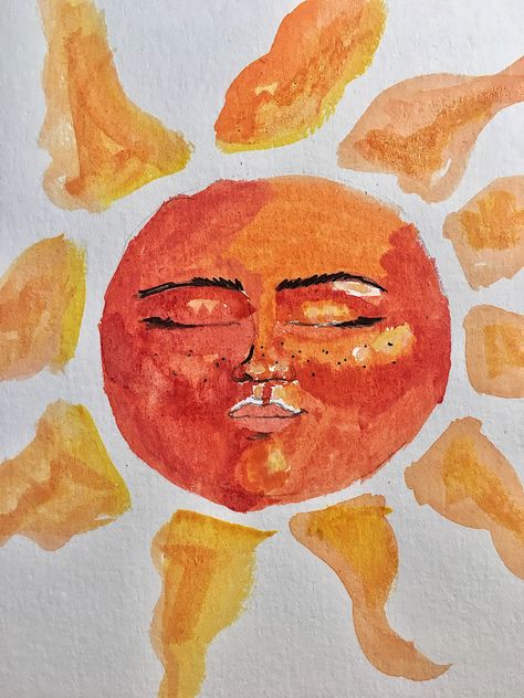 Watercolor sun 70s Watercolor Paintings, Sun Aesthetic Painting, Cool Watercolor Ideas Trippy, Indie Watercolor Art, Hippie Watercolor Painting, Suns Drawing, Sun Watercolor Painting, Funky Watercolor Art, Trippy Watercolor Art