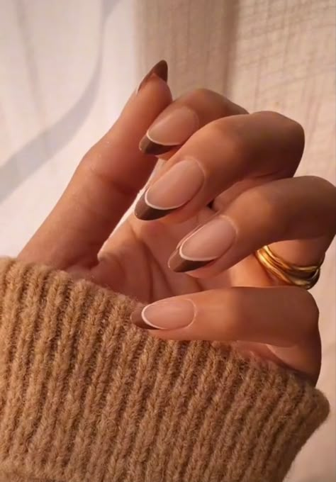 Nail Ideas Oval French Tip, Birthday Nails Almond Scorpio, Oval Nail Inspo Aesthetic, Cinnamon Nail Design, Nails For Brown Hands, Modern French Nail Designs, Brown Hoco Nails, Oval Nail Inspo Acrylic, Brown Tip Acrylic Nails