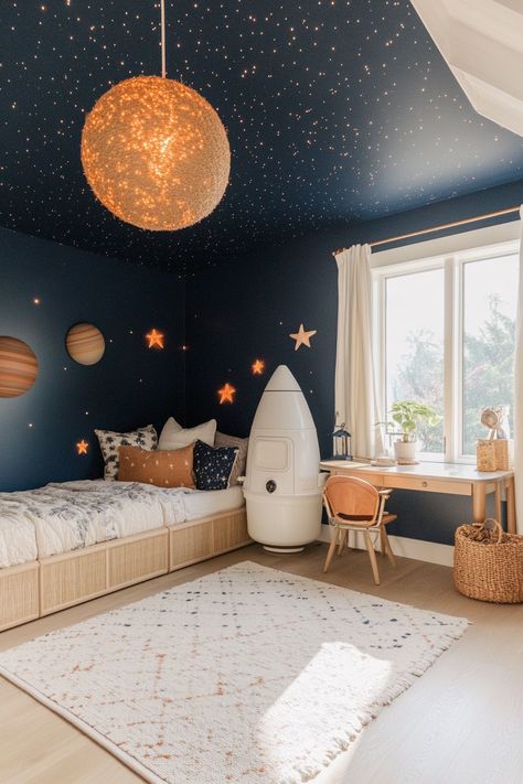 Nasa Themed Bedroom, Space Inspired Bedroom, Space Themed Bedroom Toddler, Airbnb Kids Room Ideas, Outer Space Kids Room, Modern Space Themed Bedroom, Space Theme Kids Room, Big Boy Room Ideas For Kids, Girls Space Themed Bedroom