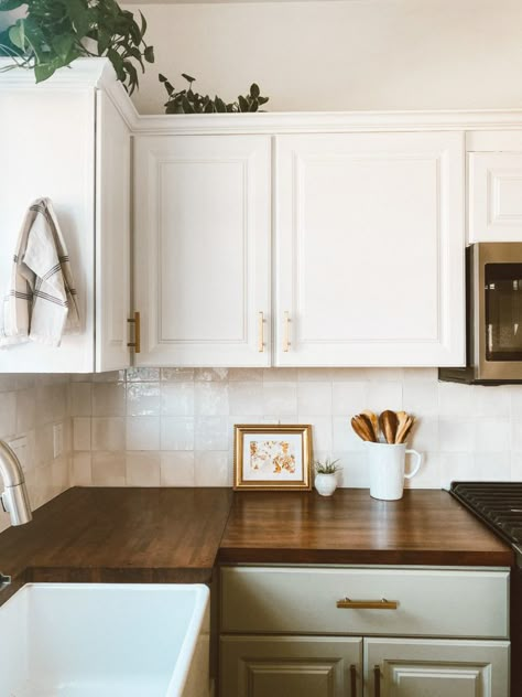 Boho Farmhouse Backsplash, Kitchen Adhesive Tiles, Kitchen Half Backsplash, Neutral Kitchen Butcher Block, Tile Inspo Kitchen, Neutral Color Kitchen Backsplash, Modern Cottage Style Kitchen, Kitchen Tile And Backsplash Ideas, Zellige Tile Butcher Block