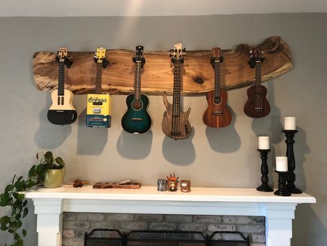 Ukulele Display, Instrument Wall, Guitar Wall Stand, Wooden Accent Wall, Guitar Wall Hanger, Music Corner, Guitar Room, Home Studio Ideas, Home Music Rooms