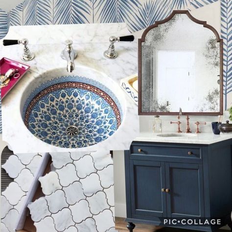 Blue Spanish Bathroom, Greek Bathroom Ideas, Small Bathroom Sink Cabinet, Moroccan Tile Bathroom, Spanish Bathroom, Cat Bathroom, Mediterranean Bathroom, Moroccan Sink, Moroccan Bathroom