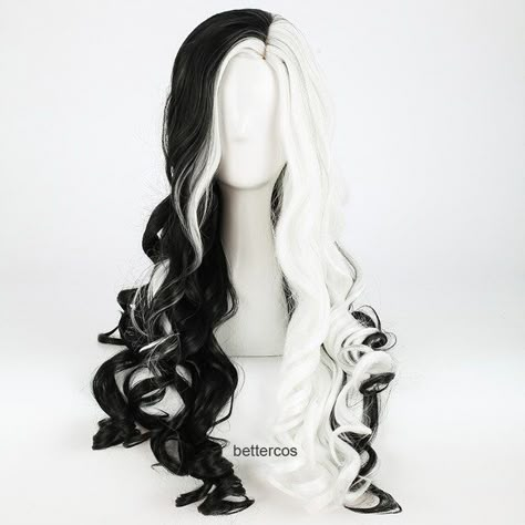 CRUELLA Deville De Vil Cosplay Wigs 75cm Long Curly Half White Half Black Heat Resistant Synthetic Hair Wig + Wig Cap _ - AliExpress Mobile Black And White Hair, Κούρεμα Bob, Kawaii Wigs, Cruella Deville, Anime Wigs, Cosplay Hair, Kawaii Hairstyles, Fishtail Braid, Fantasy Hair