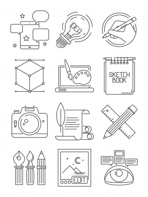 Graphic Symbols, Experiential Art, Cv Inspiration, Portfolio Illustration, Line Camera, Sketch Icon, Zestaw Ikon, Art Journal Prompts, Icon Design Inspiration