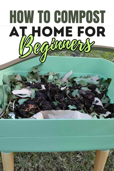 A small green compost bin with soil, dried leaves, and paper scraps inside, placed on wooden legs outdoors, set against a patchy grass background. Urban Composting, Composting For Beginners, Apartment Composting, How To Start Composting, Start Composting, Composting 101, How To Compost, Urban Backyard, Composting At Home