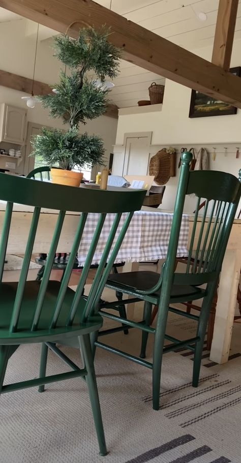 Green Painted Table And Chairs, Painted Green Dining Chairs, Dark Green Farmhouse Table, Rustic Green Dining Chairs, Green Spindle Chair, New Room, Dining Room, Furniture, Home Decor