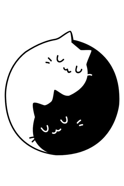 Yin and Yang Cats Sticker - Sticker Mania Black Cat Doodles, Stickers White Background, Yin And Yang Cats, Cat Stencil, Stickers Cool, Black Cat Tattoos, Doodle Design, Cat Doodle, Fox Illustration