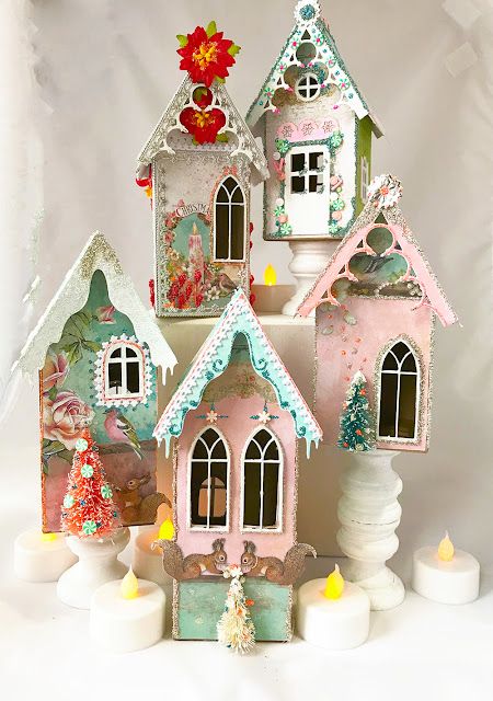 CackleAndHoot: Twinkly Little Houses Glitter Houses Christmas Diy, Valentine Village Houses, Cody Foster Glitter Houses, Painted Christmas Houses, Valentines Village, Christmas Paper Houses, Christmas House Craft, Christmas Putz Houses, Cardboard Houses