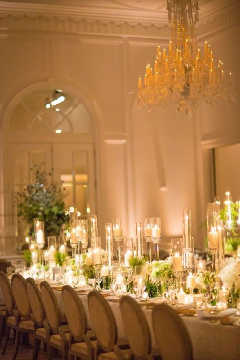 White Long Tables Wedding, White Flower Reception Decor, Candlelit Dinner Wedding, Wedding Table Garland White Flowers, Classic White Ceremony Sets, Elegant White Ceremony Sets, Long Wedding Table Decorations, Tall Flower Centerpieces, Hungarian Wedding