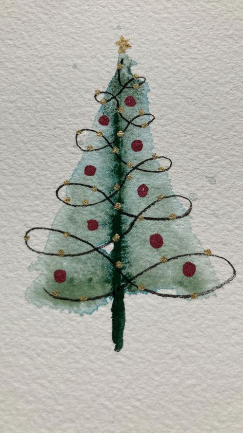 Easy holiday card idea with #watercolor | Instagram Christmas Card Watercolor Ideas Easy, Mistletoe Drawing Easy, Cool Watercolor Ideas Easy, Christmas Cards Diy Easy, Watercolour Christmas Cards Ideas Easy, Christmas Cards Drawing Simple, Christmas Card Craft Ideas, Holiday Watercolor Cards, Easy Watercolor Christmas Cards Diy