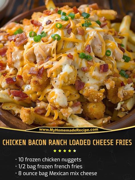 Homemade recipes | Chicken Bacon Ranch Loaded Cheese Fries | Facebook Frozen Chicken Finger Recipes, Chicken Bacon Ranch Loaded Fries, Loaded Fries Chicken, Loaded Cheese Fries, Chicken Finger Recipes, Frozen Chicken Nuggets, Burger Dogs, Frozen French Fries, Loaded Fries