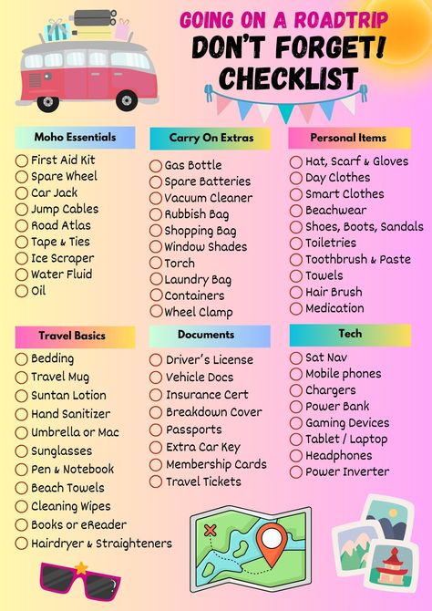 Are you planning on a road trip? This checklist will remind you of all the things you will need to take with you. There is nothing more frustrating than getting on your way only to find you left something behind. Don't take the risk - print this checklist off and you wont forget a thing! Stuff To Bring On A Road Trip, Things To Pack For A Road Trip, What To Do On A Road Trip, Things To Bring On A Road Trip, Roadtrip Checklist, Road Trip List, Trip Essentials Packing Lists, Trip Checklist, Road Trip Checklist