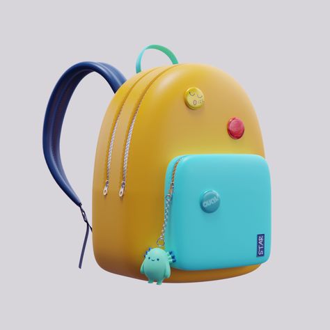 "3D Cartoon Backpack" by Ksenia Starkova Items Reference, Backpack Illustration, Fashion Logo Design Inspiration, Jiang Chen, 3d Room, Simple Character, Cartoon Backpack, 3d Icons, Cute Backpacks