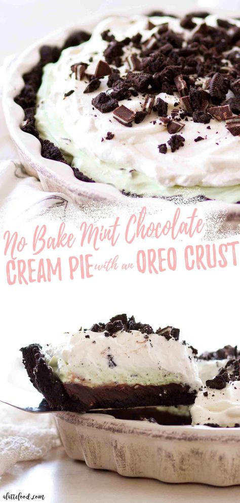 This No Bake Mint Chocolate Cream Pie has an oreo crust, a layer of chocolate ganache, mint cream pudding, and whipped cream. A perfect St. Patrick's Day dessert. Chocolate Cream Cheese Pie, Mint Pie, Food Easter, Mint Desserts, Favorite Pie Recipes, Cream Cheese Pie, Family Desserts, Chocolate Pie Recipes, Easter Desserts