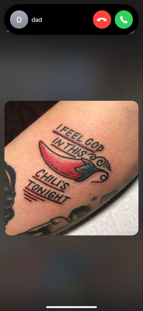 “I feel God in this Chili’s tonight” chili pepper tattoo in color Chili Pepper Tattoo Traditional, Chilis Tattoo, Chilli Pepper Tattoo, Chili Pepper Tattoo, Chili Tattoo, Pepper Tattoo, Traditional Chili, Stick N Poke Tattoo, Poke Tattoo