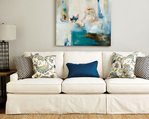 Blue throw pillows on an off-white couch White Sofa Pillows, Blue Couch Pillows, Room Decor Pillows, Dining Room Storage Ideas, White Couch, Florida Decor, Sofa Inspiration, Mixing Patterns, Blue Couches