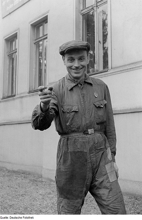 Worker in overalls, Leipzig, 1952 Photo credit Roger and Renate Rössing Squeeze Art, 1940s Mens Clothing, Edward Tulane, Vintage Coveralls, 1950s Mens Fashion, Rat Boy, Working Men, Robot Costumes, Steel Worker