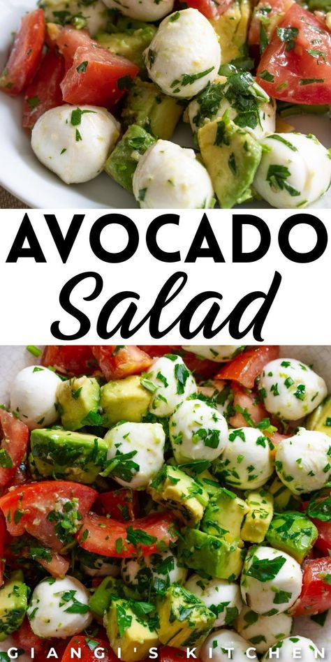 Avocado salad with a homemade vinaigrette is so easy to make and great for any occasion. This avocado salad is a delicious side that's filled with tomatoes, mozzarella pearls, parsley, and more. This salad is healthy, easy, and filling. Try this avocado salad today! Tomatoes And Mozzarella, Homemade Vinaigrette, Mozzarella Pearls, Tomatoes Mozzarella, Avocado Salad Recipes, Best Salad Recipes, Fun Easy Recipes, Lunch Salads, Avocado Recipes